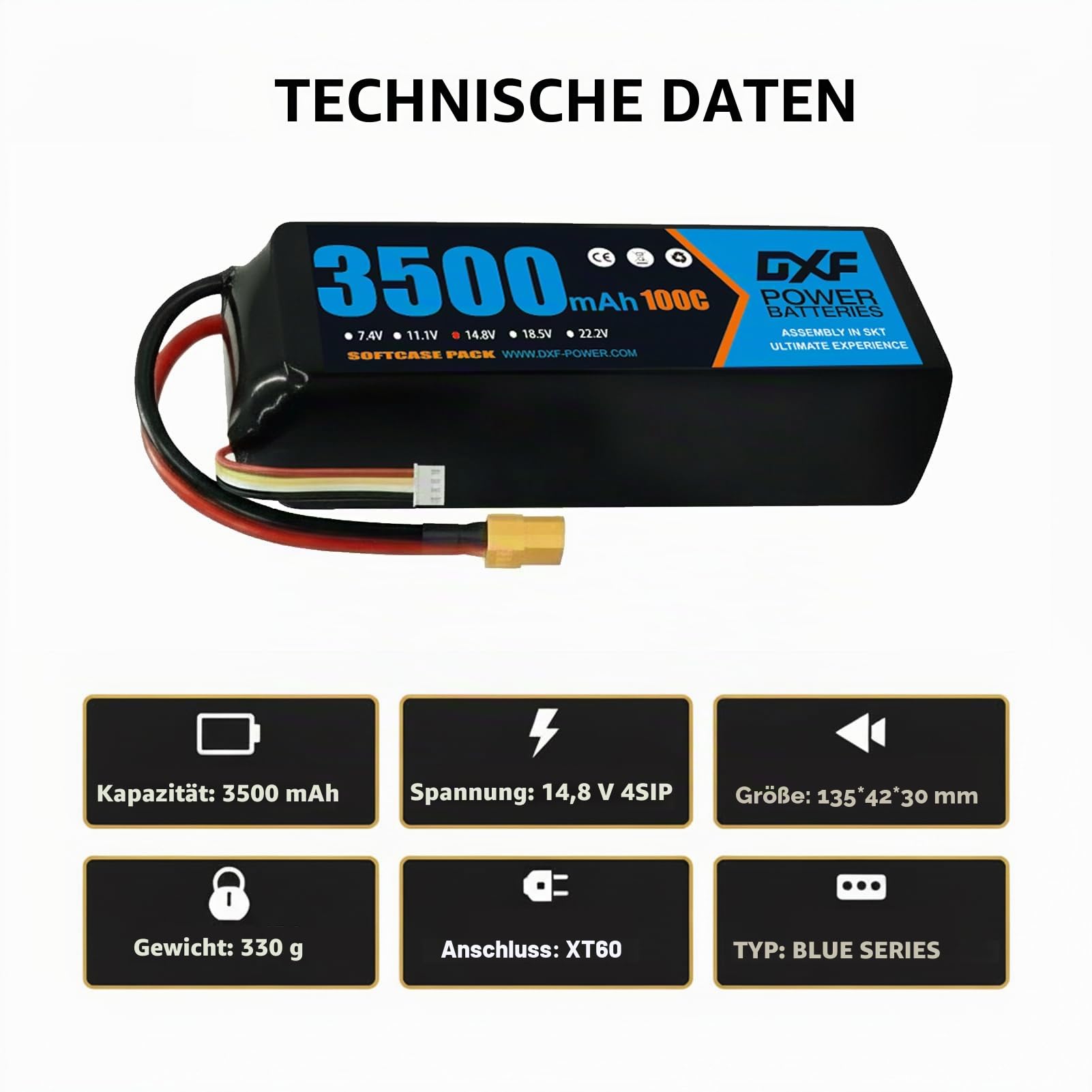 DXF 2 Pack 4S LiPo Akku 14.8V 3500mAh 100C mit XT60 Stecker Prämie Hochleistungs Batterie für RC Modellbau Hubschrauber Auto FPV Kompatibel Vielseitig Sicher Langlebig