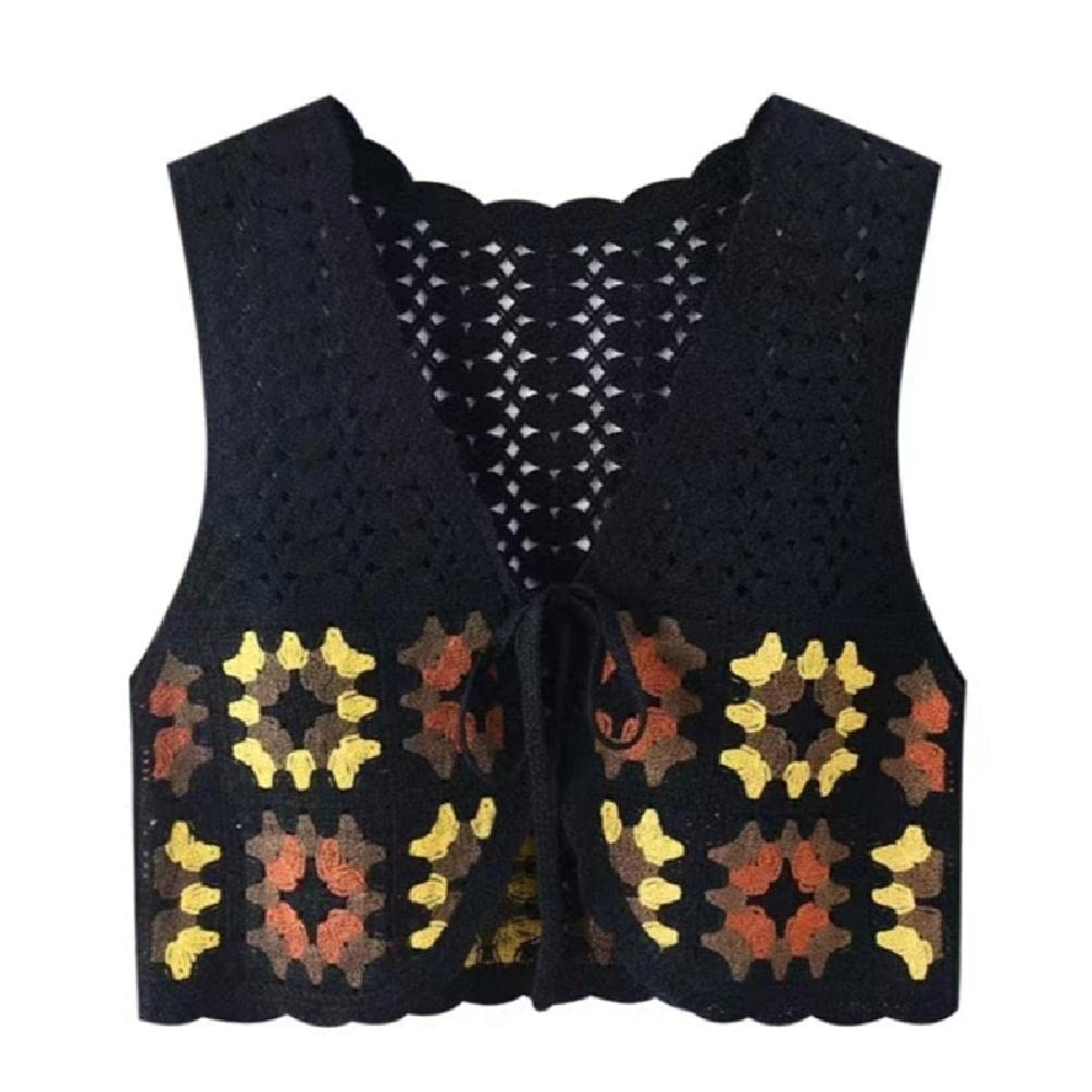 Myazs Womens Hollow Crochet Knit Sleeveless Vest Waistcoat Geometric Plaid Lace-Up Bandage Casual Cropped Cardigan Outwear knit waistcoat vest for women