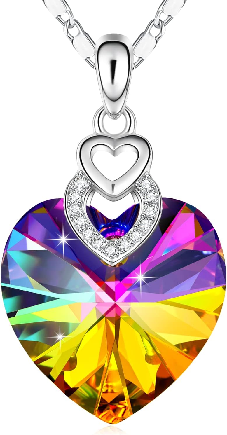 PLATOH 3 Hearts Crystal Necklace for Women - Engraved 'Love You' Rainbow Pendant, Hypoallergenic Gift for Valentine's, Mother's Day, Birthday in Box