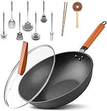 Carbon Steel Wok, 9 Pcs Wok Pan with Glass Lid & Handle Stir-Fry Pans 12.8" Chinese Wok Flat Bottom Wok with Cookware Accessories Suitabe for all Stoves (Black)