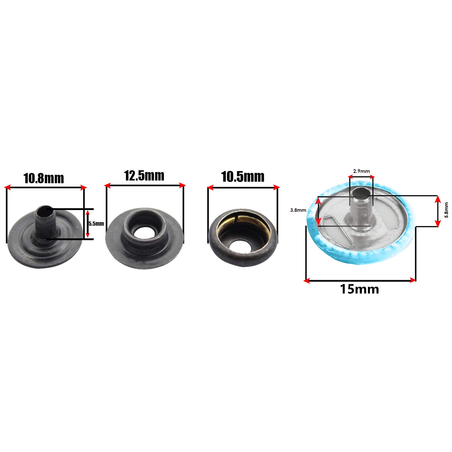 Trimming Shop 250 Sets 15mm Snap Fasteners with 4 Part Press Studs with Hand Fixing Tool, Lightweight, Durable Metal Nickle Free Poppers for Leather, Jackets, Straps, Clothes Repair Turquoise