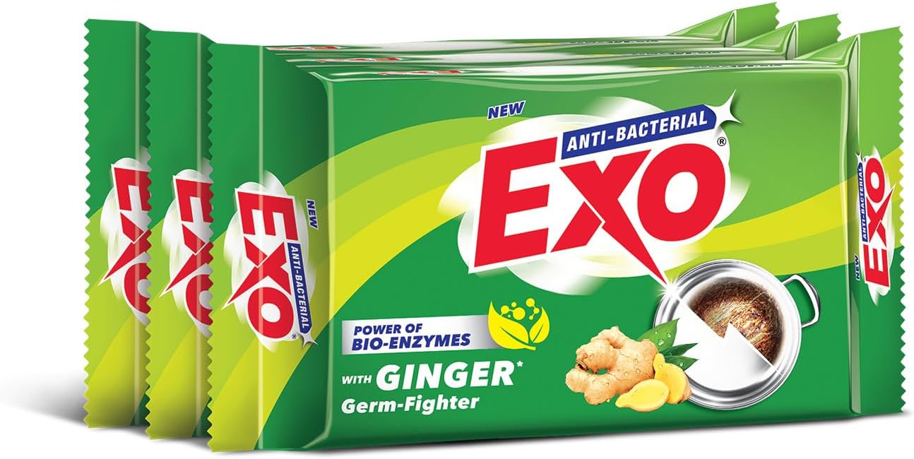 Exo Anti-Bacterial Dishwash Bar 200gm X 3 | Power of Bio-Enzymes Removes Tough Grease | Complete Dishwashing Solution With Goodness of Ginger Germ-Fighter | Experience Hygienic & Superior Cleaning