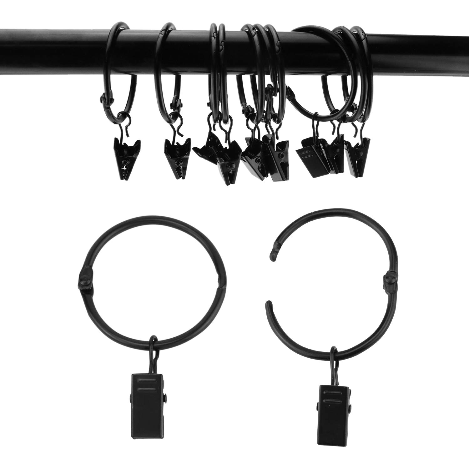 Suneration 40 Pack Openable Curtain Rings with Clips Metal Hangers Ring 1.5 inch Interior Diameter Rust Proof for Heavy Duty Vintage Decorative Drapery Eyelet Curtain Rods Black