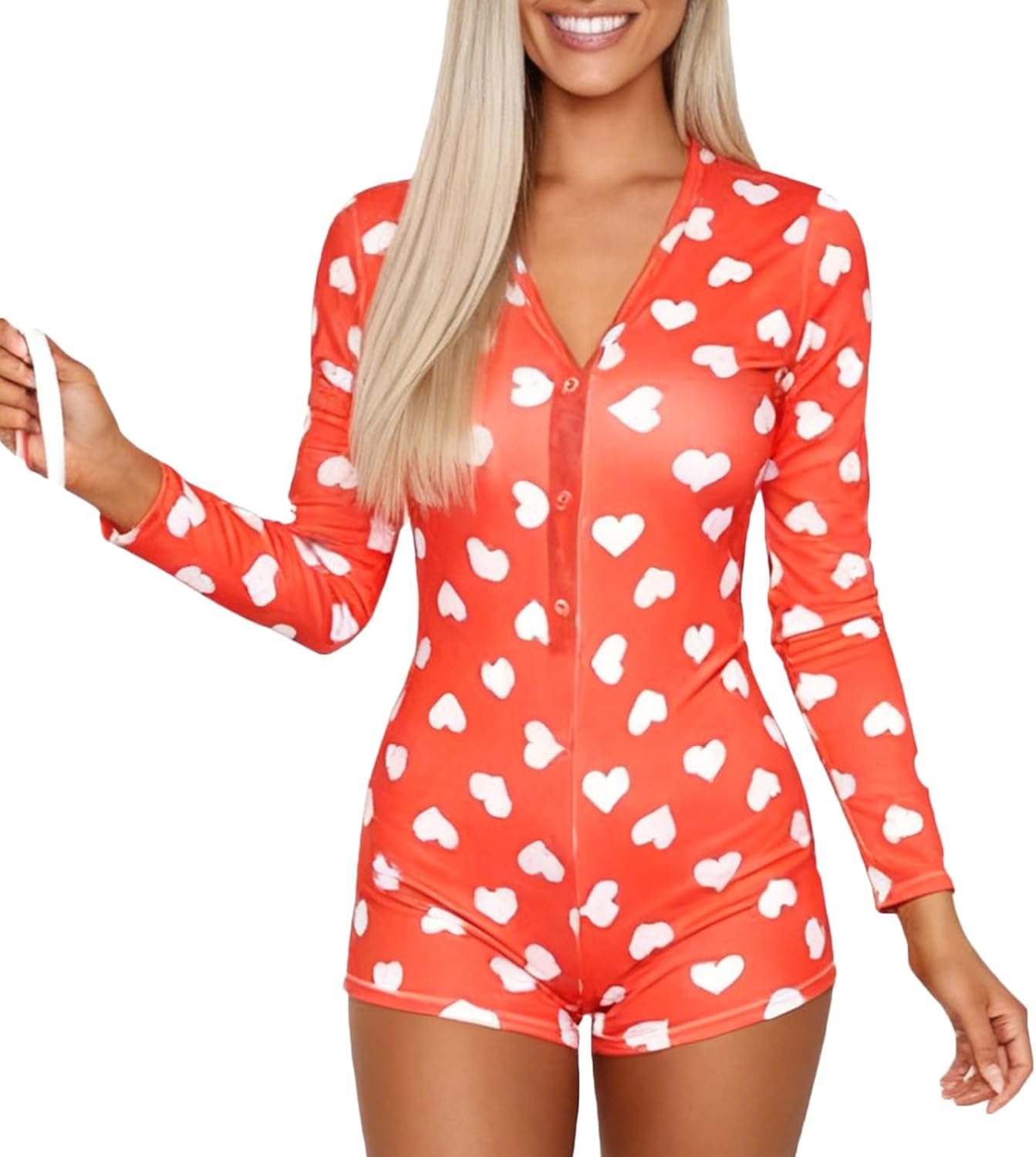 Women Sexy Deep V Neck Rompers Shorts Heart Print Long Sleeve One Piece Bodysuit Pajama Onesie Bodycon Overall