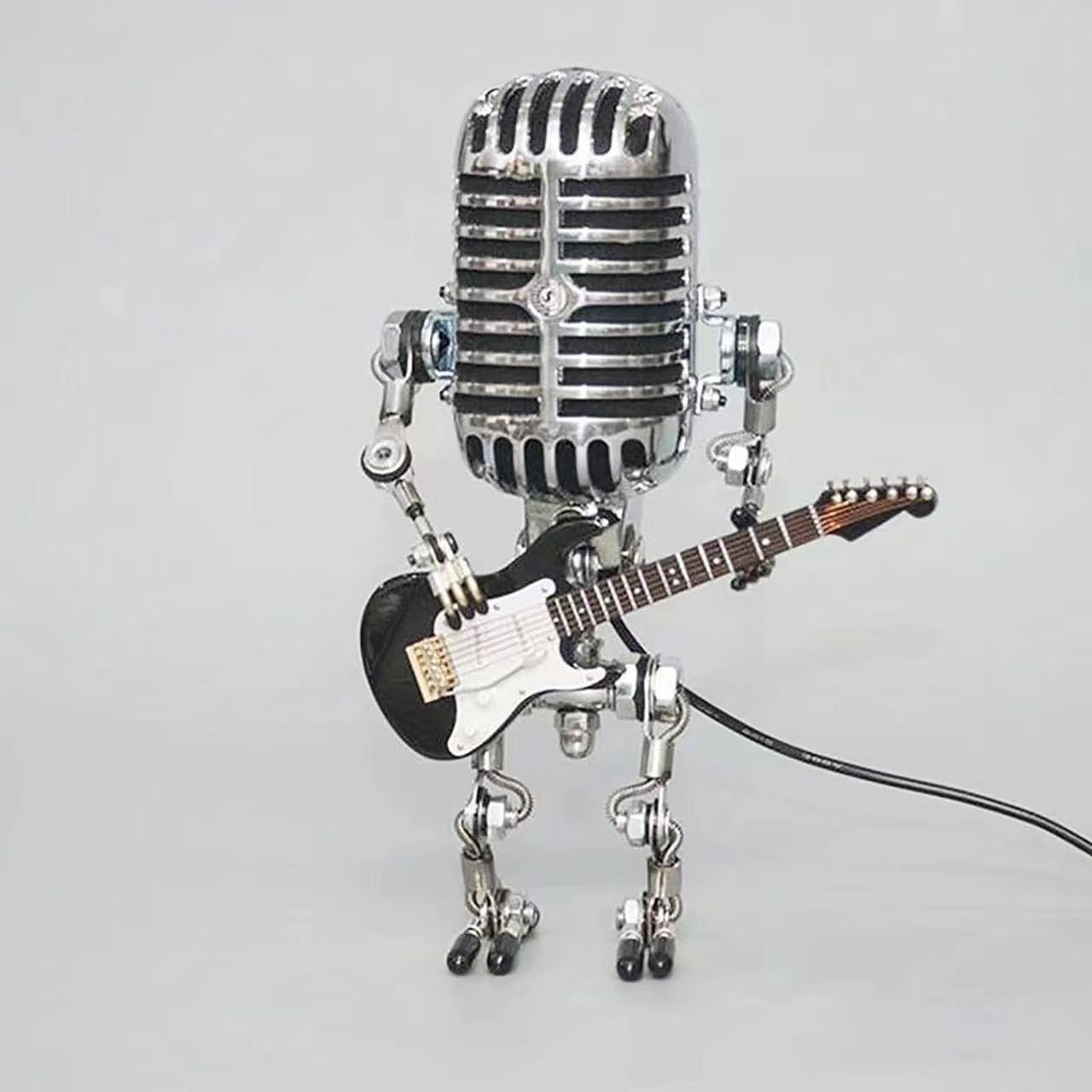 Bpetga Black Handcrafted Metal Microphone Guitar Robot Ornament With Led Lighting For Music Enthusiasts (Black)