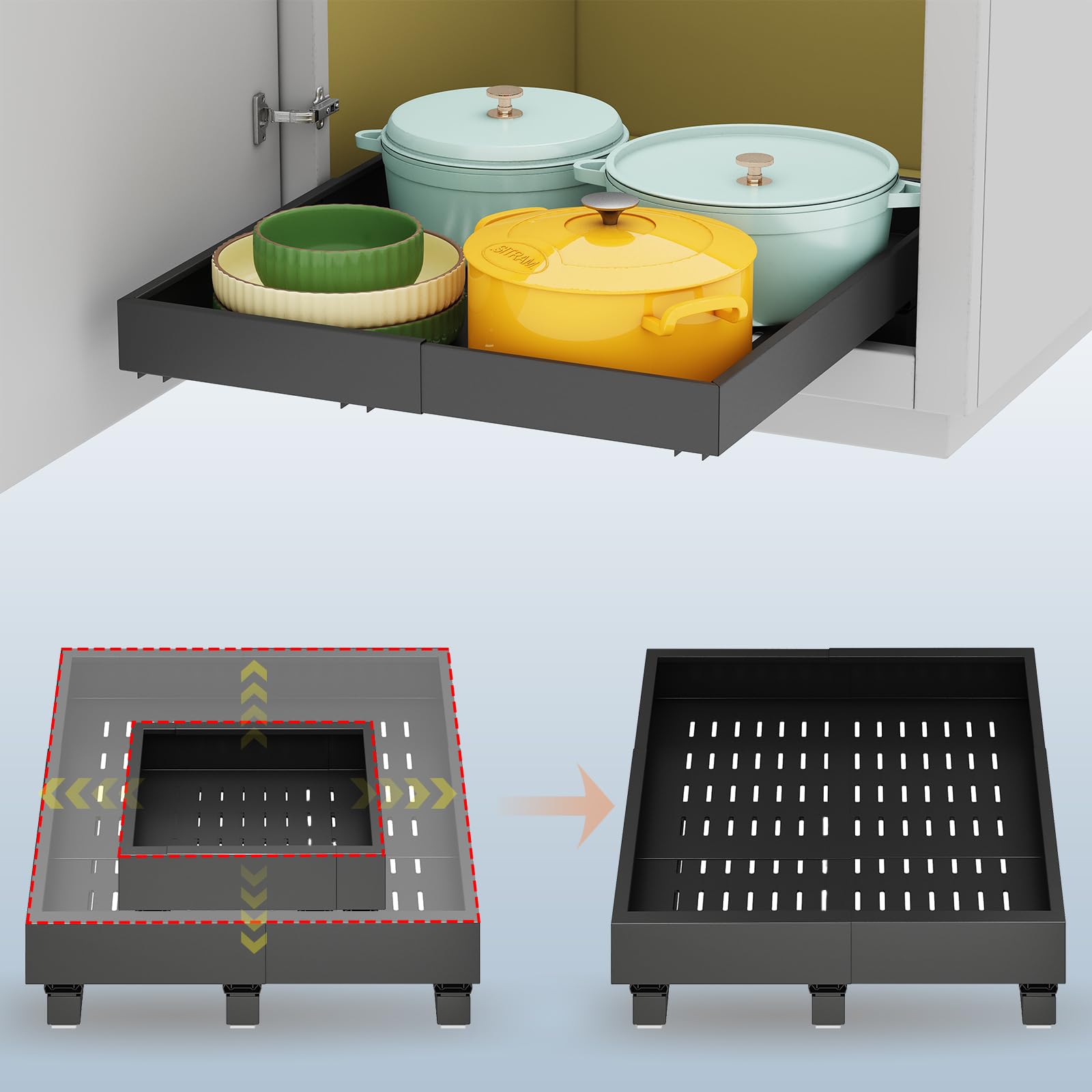 Pull out Cabinet Organizer,Expandable Width(15"-21") and Depth(17"-24") with 3 Rails,Roll out Drawers,No Drill Adjustable Slide out Shelves for