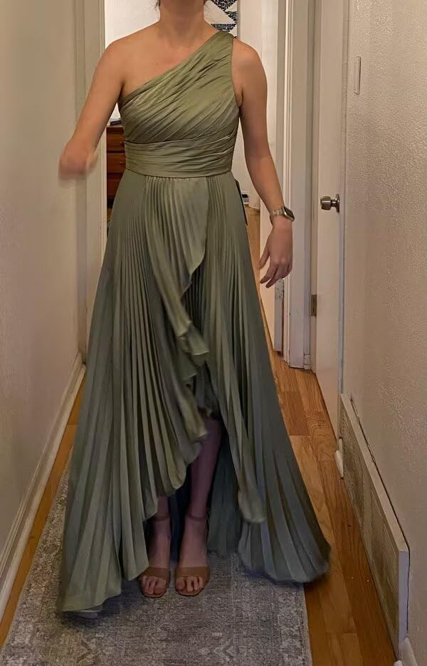 One Shoulder Satin Bridesmaid Dresses with Slit Ruffle Prom Dress 2025 Long Aline Wedding Guest Dress4