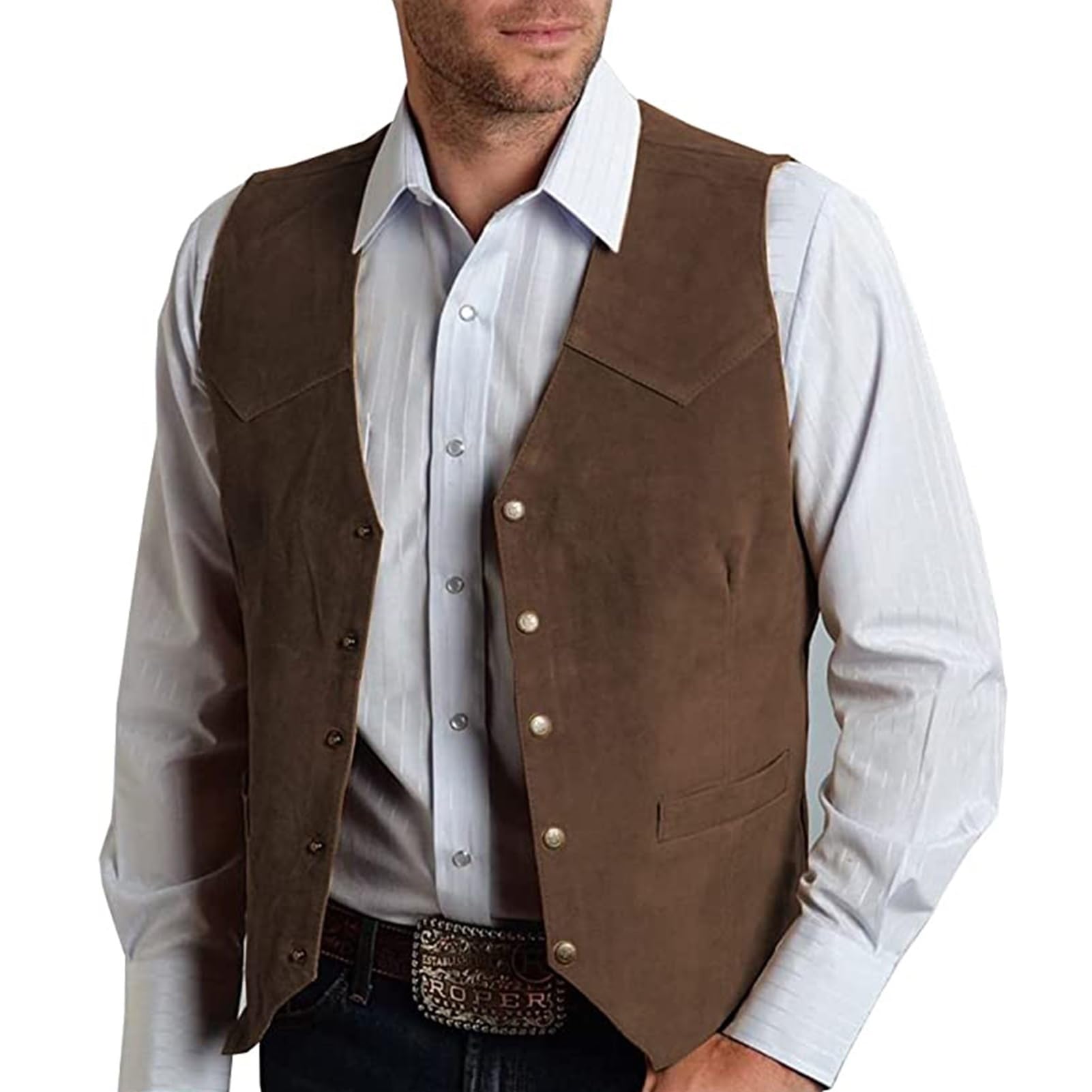 Mens V Neck Suit Vest Retro 5 Button Suede Leather Regular Fit Casual Waistcoat for Prom,Husband Gift,Daily Wear