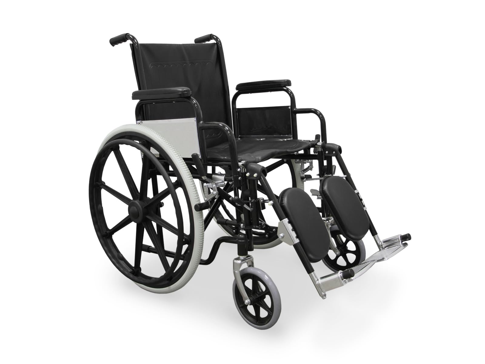 WELLCORE Silla de ruedas con reposapiés elevables y abatibles hasta 90º, Plegable, Acero, Ligera, Autopropulsable, Respaldo y Asiento de Polipiel, Ruedas macizas, Frenos de mano