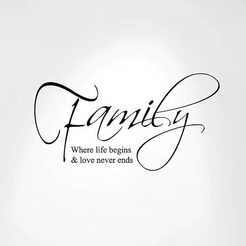 Vinilo decorativo para pared con texto en inglés "Family Where Life Begins and Love Never Ends" (19 pulgadas de ancho x 10 pulgadas de alto, negro
