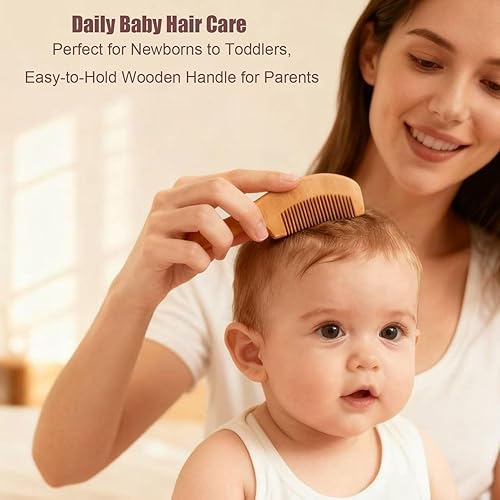 Miniatura 7 de Juego de 6 cepillos y peine para el pelo del bebé, bambú natural y cerdas de cabra para el cuidado de la tapa de la cuna, kit de aseo para recién