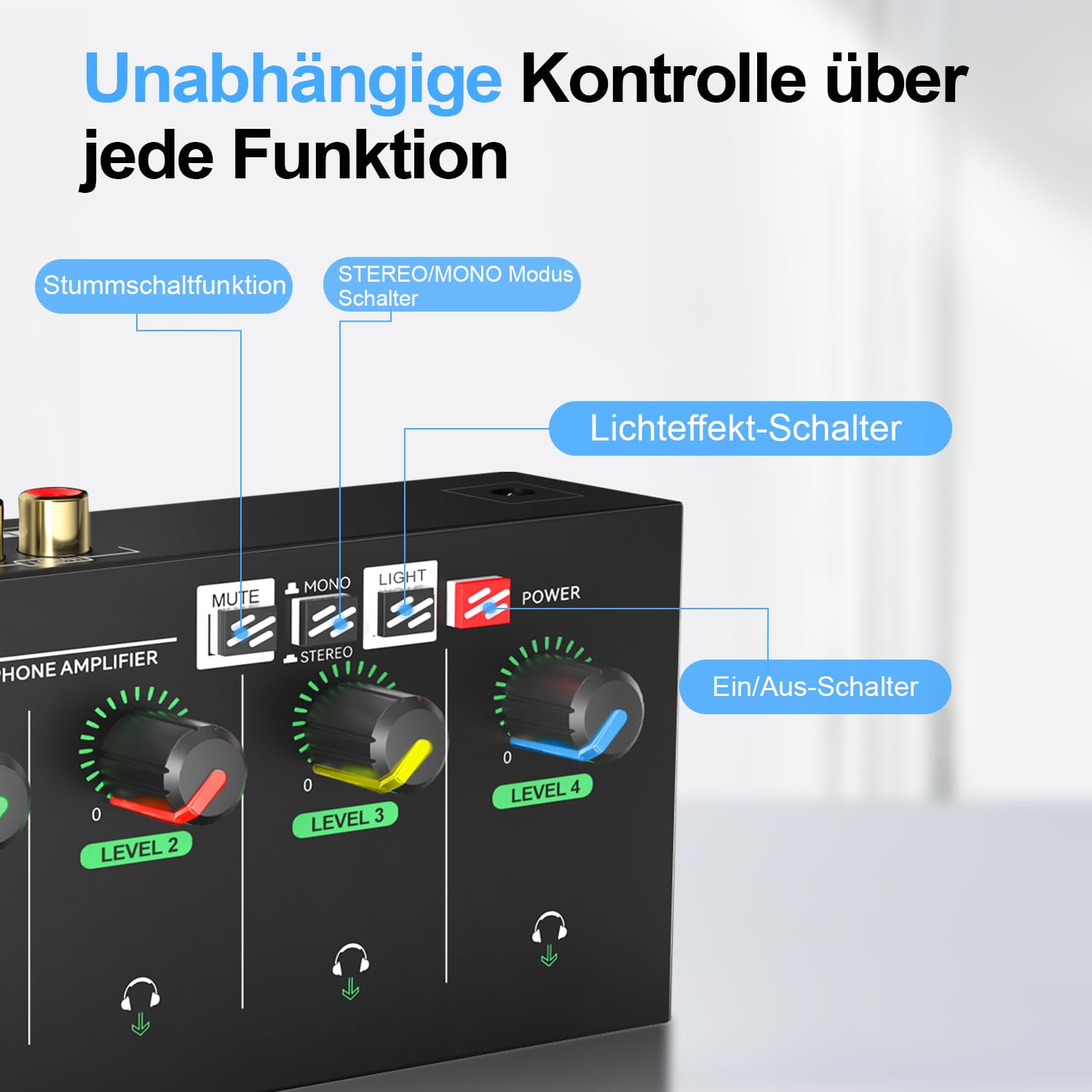 4-Kanal Kopfhörerverstärker, Kompakter Metall-Stereo-Kopfhörermischer mit 6,35 mm, 3,5 mm & RCA Eingängen, TRS Ausgängen, Stummschaltfunktion und coolem Licht, DC 12V - 14x7x3.1 cm