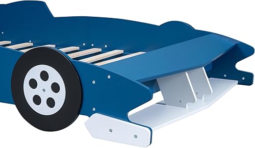 Miniatura 193 de Cama de plataforma en forma de auto de carreras con ruedas, cama de plataforma de madera tamaño individual con barandilla, cama de plataforma para