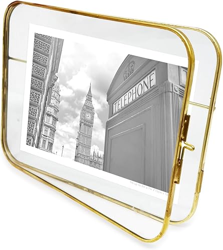 Miniatura 5 de Isaac Jacobs - Marco de fotos flotante de metal de vidrio y latón con bordes redondos de 5 x 7 pulgadas, con cierre de medallón (horizontal), hecho