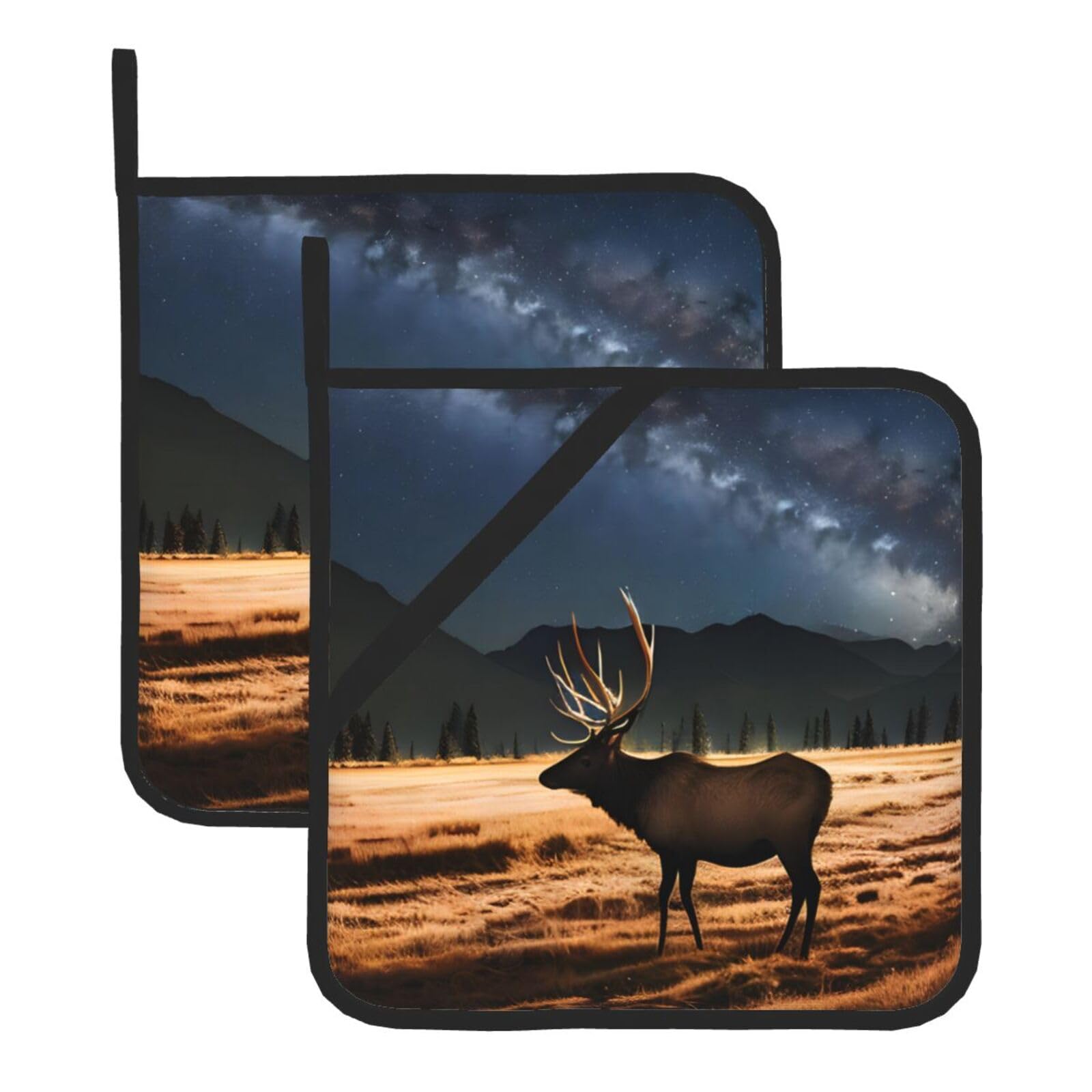 HJFCZH Elk in the meadow Prints Square Hot Pads for Kitchen Counter - Waterproof Pot Holders, Durable Heat Resistant Throw Layers for Serving, Oven & BBQ - 2 Pack
