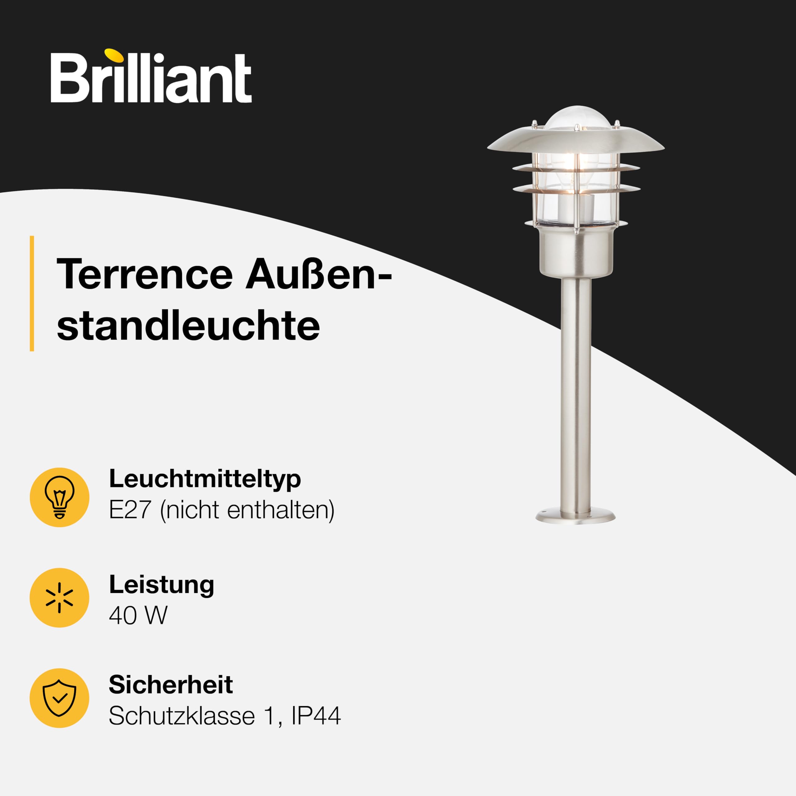 Brilliant Lampe Terrence Außensockelleuchte 50cm edelstahl | 1x A60, E27, 60W, geeignet für Normallampen (nicht enthalten) | IP-Schutzart: 44 - spritzwassergeschützt | Outdoor Gartenlampe für Wege, Terrasse und Einfahrt, wetterfeste Beleuchtung fürs Haus,