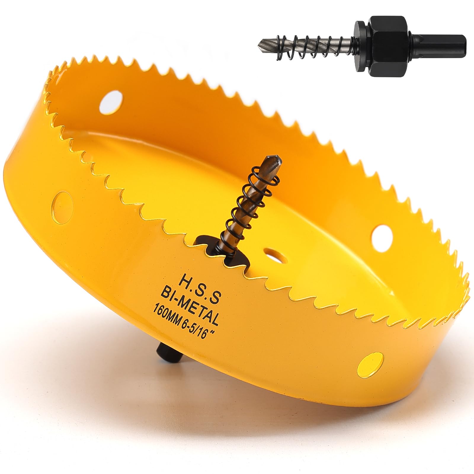 160mm Hole Saw, HSS Bi-Metal Hole Cutter with Drill Bit for Wood Plastic, PVC, Fiberglass and Plasterboard, Yellow