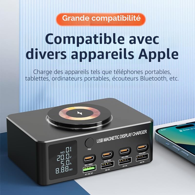 Chargeur intelligent multifonctionnel de l'affichage magnétique 140W, 8+1 port USB C avec 100W PD, QC3.0, chargeur sans fil magnétique, Écran LCD