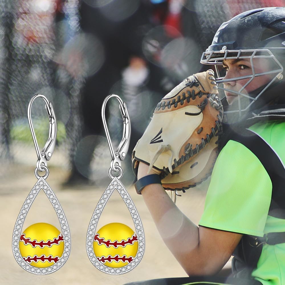 Softball Baseball Earrings for Women 925 Sterling Silver Sport Dangle Hoop Earrings Jewelry Gifts for Players and Coaches - Image 4