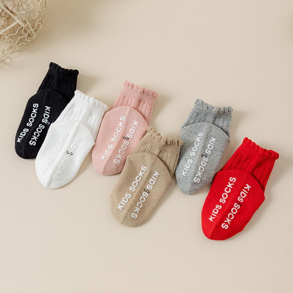 HUNTSMANS ERA Toddler 100% Organic Cotton Baby Girl Anti-Skid Ankle Socks - Non-Slip Ruffle Frilly Socks with Grips (PACK OF 6) (IN, Age, 6 Months, 12 Months, 6, MULTICOLOR-1) 4