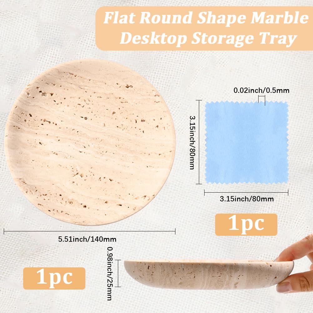 Beebeecraft Bandeja Redonda Y Plana de Mármol Travertino Natural para Guardar Joyas con Paño de Pulido para Pendientes Collares Y Decoración Del Hogar (Beige)