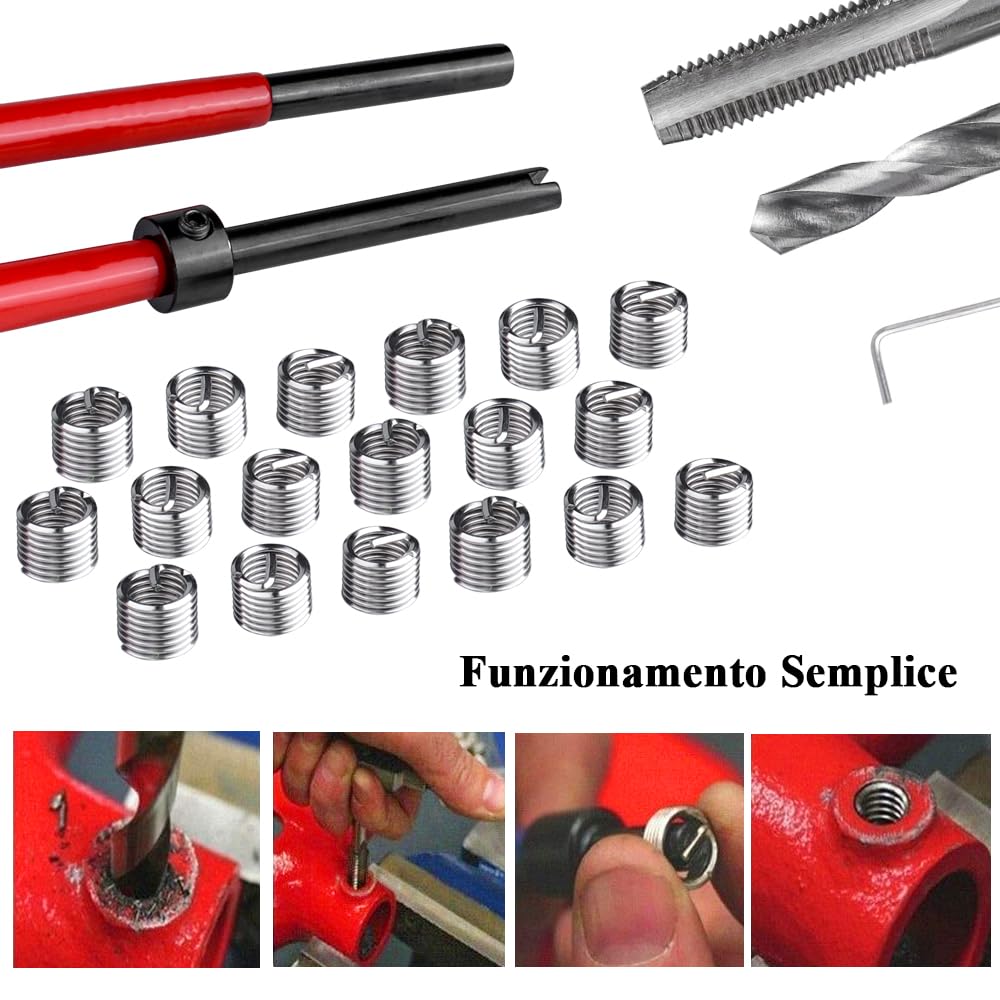 Mesee Kit di Riparazione Filettatura M8 in Acciaio Inossidabile, Strumenti per Riparazioni Filettature con Trapano Maschio Filettatore Chiave Inserti Filettati Riparazione di Filetti per Automotive