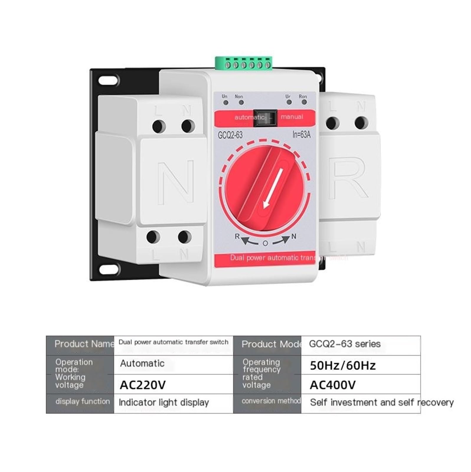 Interruptor de transferencia automática con fuente de alimentación dual | Conmutación automática de 220 V, Controlador de aislamiento bidireccional monofásico de doble circuito(4p,125A)