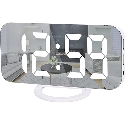 Ygdigital Digital Alarm Clock,6.5 Inch Large Display LED Mirror Electronic Clocks, with Snooze,12/24H,Dual USB Charging Ports, 3 Adjustable Brightness,for Bedroom Home Office -White