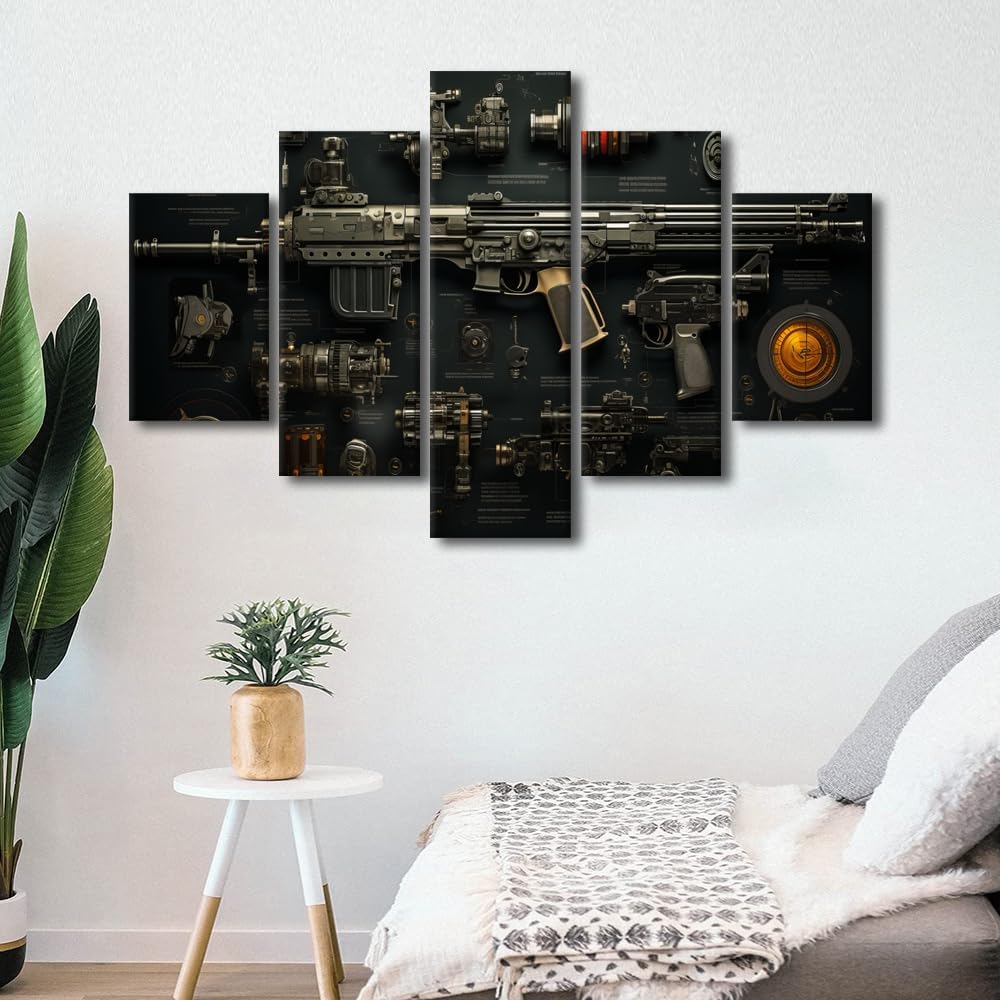 Wall Art for Living Room Large Size Rifle Prints for Wall Decor 5 Panel Wall Art Pistol Rifles Arrangement Pictures On Canvas Artwork for Home Walls Stretched And Framed Ready to Hang, 60"Wx40"H