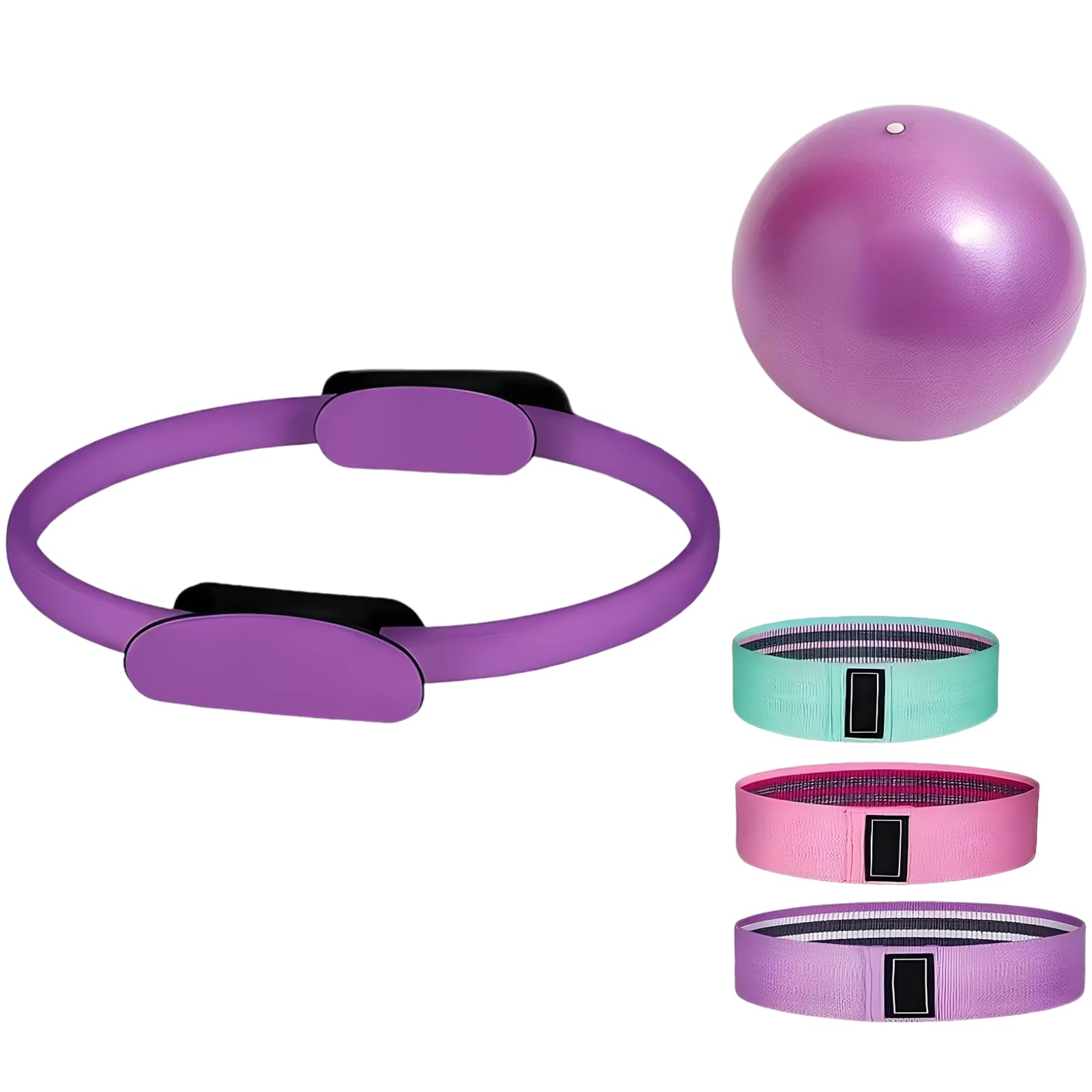 Generisch 5 STK. Pilates Loop und Ball Set, mit Pilates Loop 15 in / 38 cm, Pilates Ball und 3 Widerstandsbändern, Home Workouts Kit für zu Hause, mit Übungsanleitung und Geschenkbox