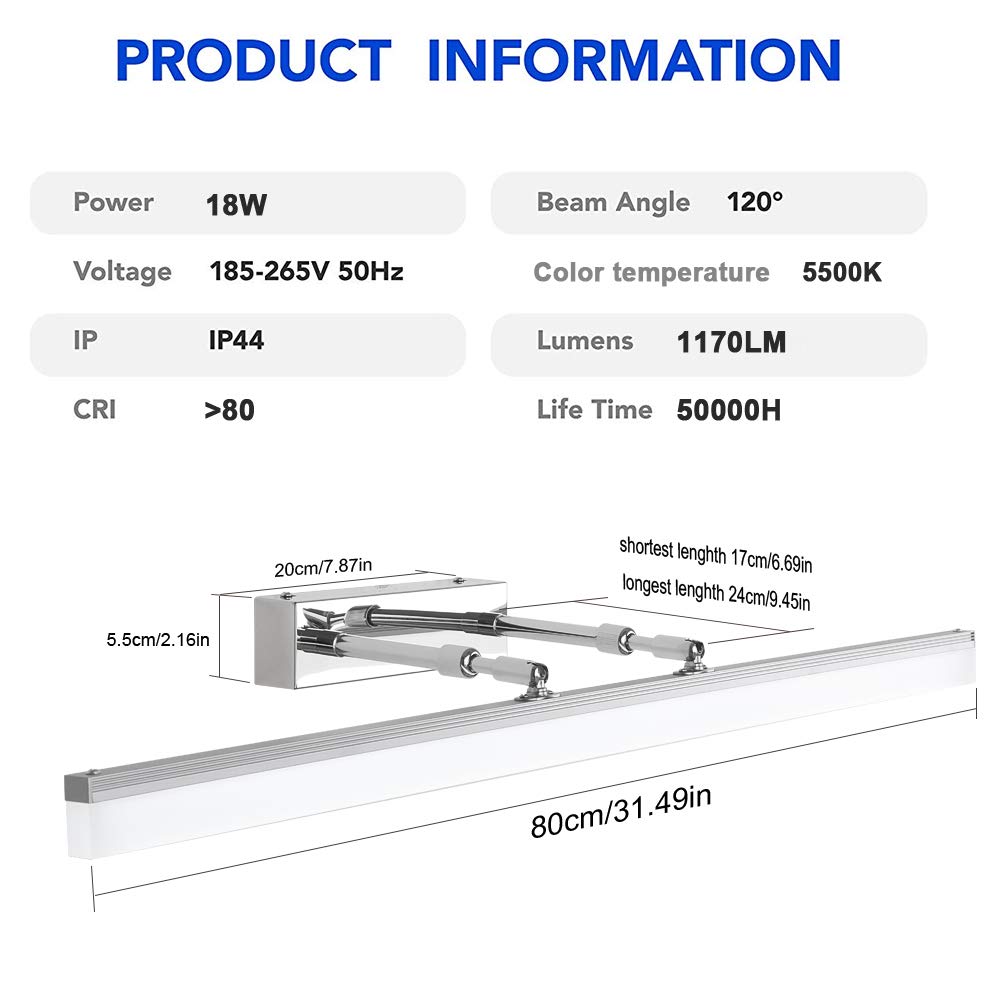 Klighten Lampada da Specchio a LED per Bagno18W 1170LM Bianco freddo 5500K Lampada da parete IP44 Lampada Specchio Bagno acciaio inox 80CM