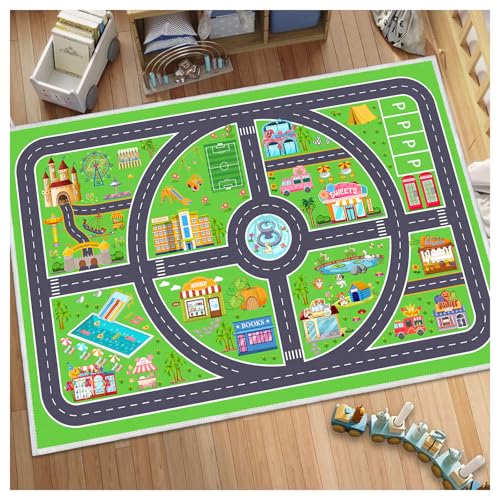 Kids Car Rug Playmat, Road Traffic Rug for Kids Cars, Carpet Play Mat for Playroom, Non Slip Kids Play Rug for Bedroom Boys, Fun City Life Car Mat for Children Room(Green,2.6×3.9ft/31×47in)