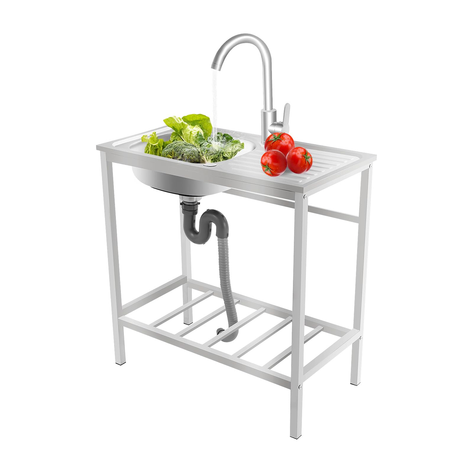 Pila exterior independiente de acero inoxidable con grifo y mueble bajo, 75x40x75 cm. Gran fregadero con superficie de goteo para jardín, garaje, camping, taller, exterior