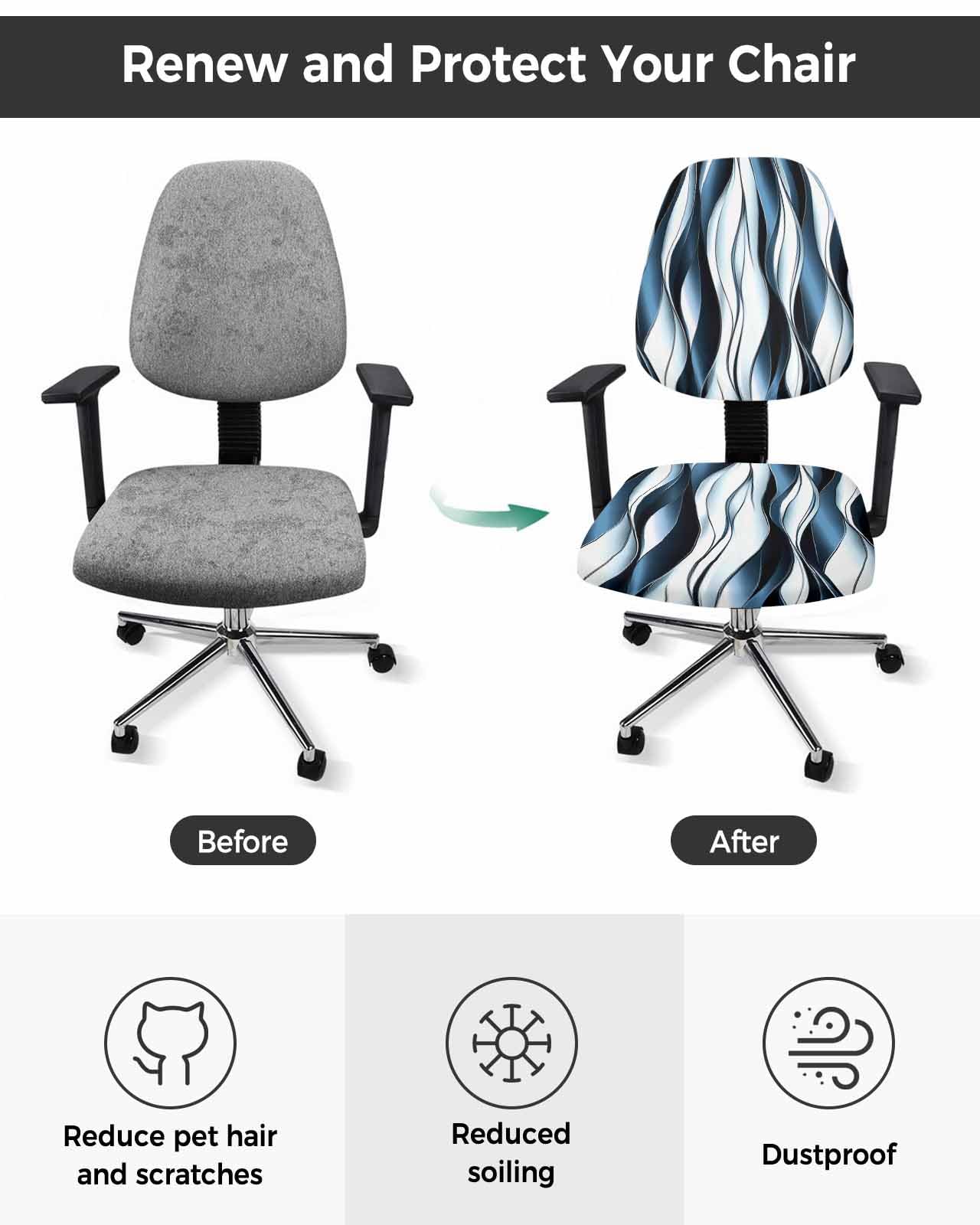 Haze Blue Striped 2 Pieces Computer Office Chair Covers Set,Stretchable Desk Rotating Chair Seat Cushion Slipcover Back Covers,Modern Minimalism Abstract Ombre Line Slipcover Back Cover Protector