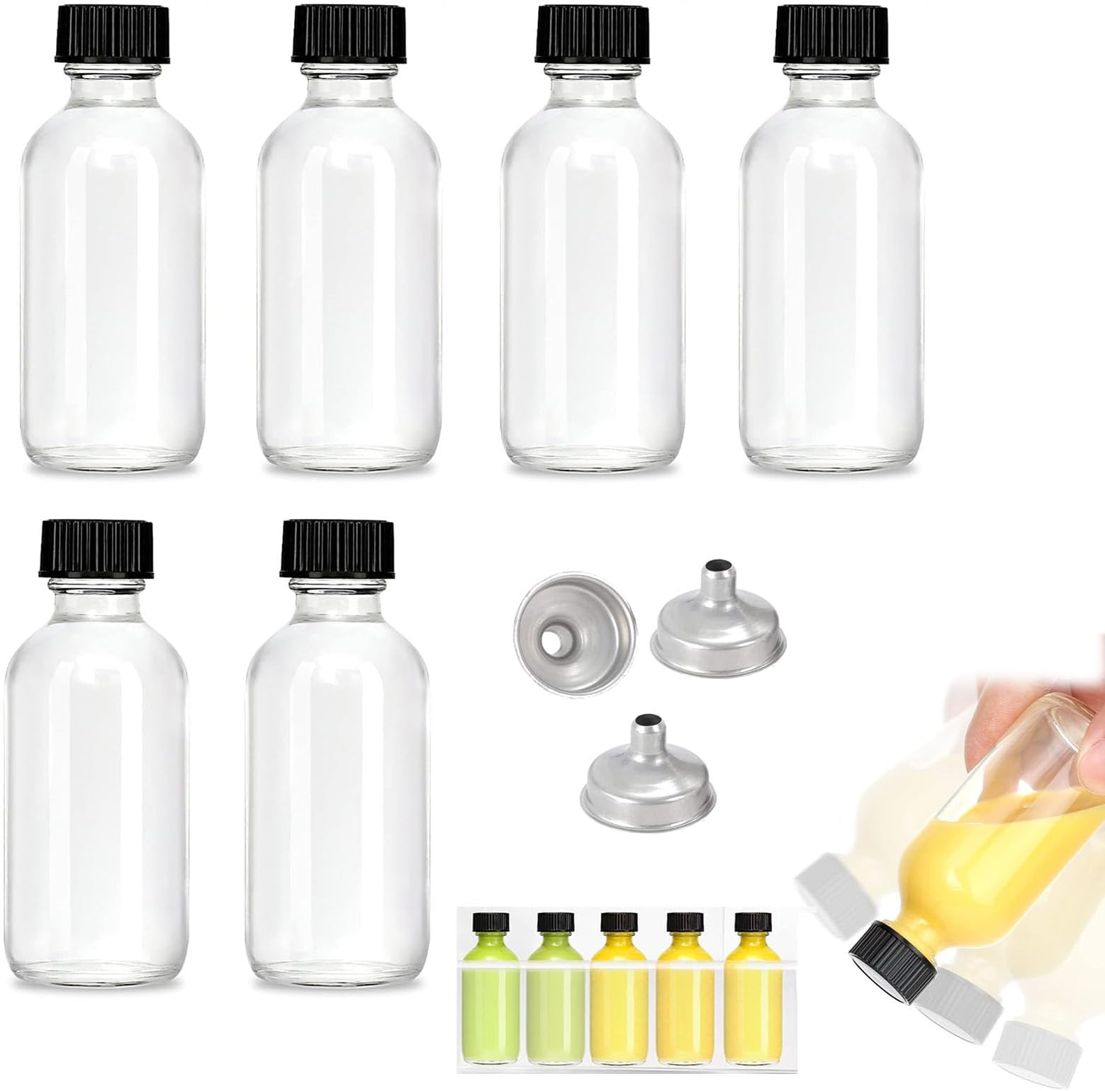 Azonee 2 oz Small Clear Glass Bottles, 6 PCS (60ml) With 3 Stainless Steel Funnels, Boston Round Shot Bottles with Caps, Mini Travel Bottle for Juice, Ginger Juice, Oil, Liquid, No Leakage