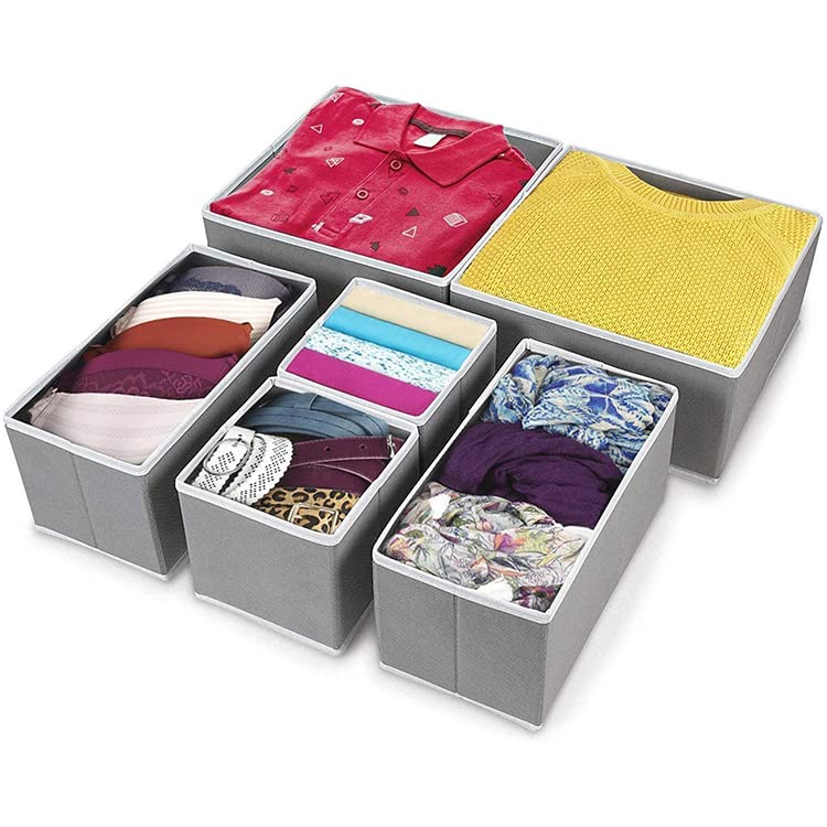 Image of Foldable Set of 6 Cloth Storage Box Closet Dresser Drawer Organizer Cube Basket Bins Containers Divider with Drawers for Underwear, Bras, Socks, Ties, Scarves (Set of 6 - Grey)