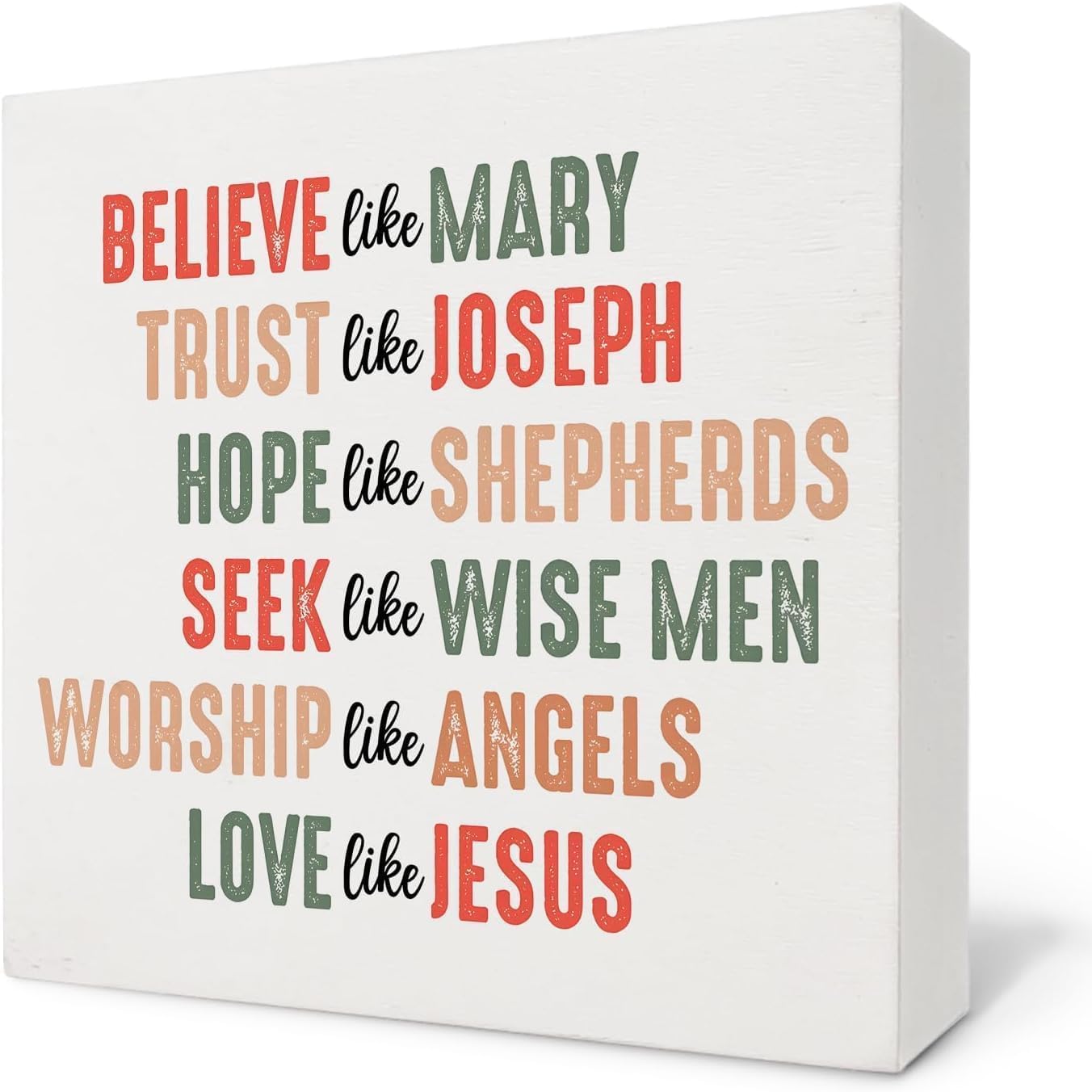 Christian Christmas Believe Like Mary Retro Inspirational Gift Decor Wood Box Sign Rustic Wood Plaque Home Decor Office Tabletop Desk Gift for Women Men 5x5 Inches