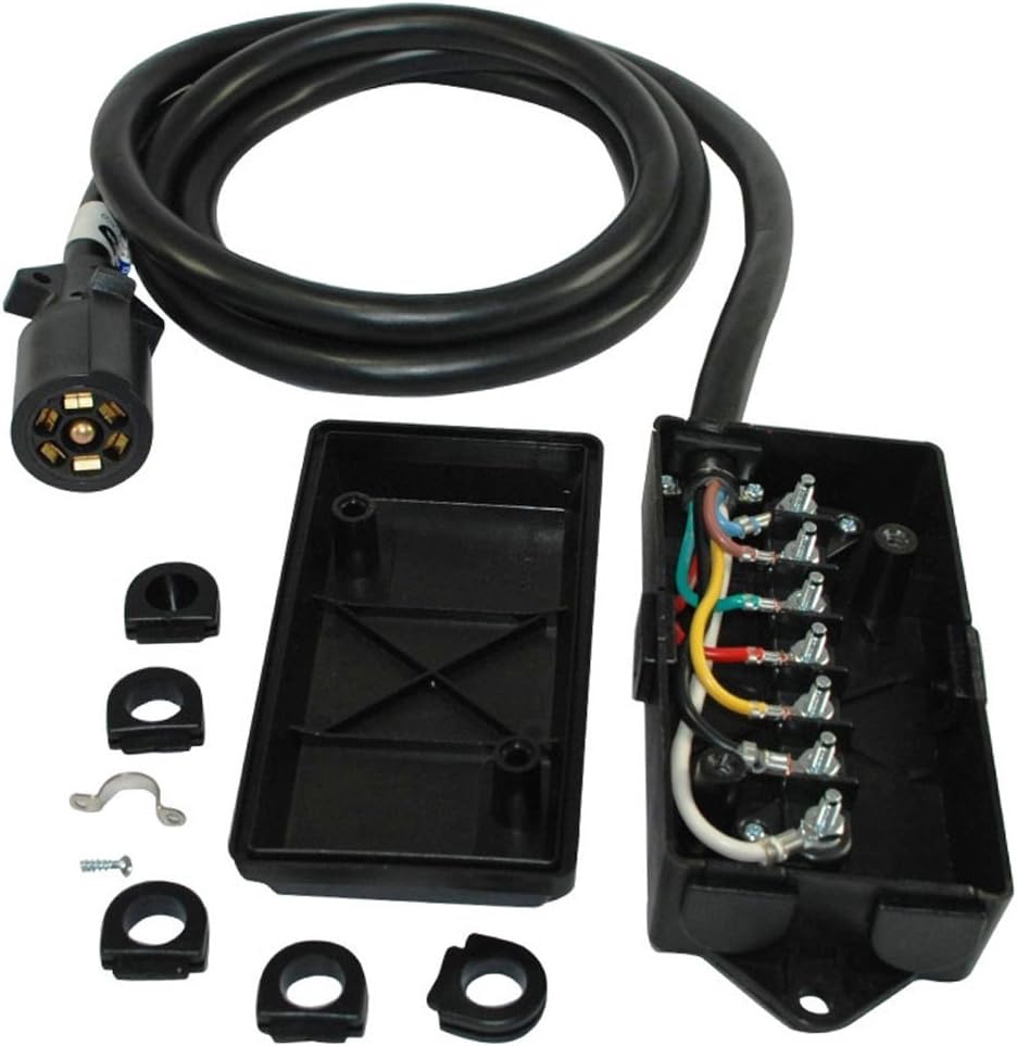 Heavy Duty 7 Way Plug Inline Trailer Cord with 7 Gang Junction Box - 8 Feet, Weatherproof