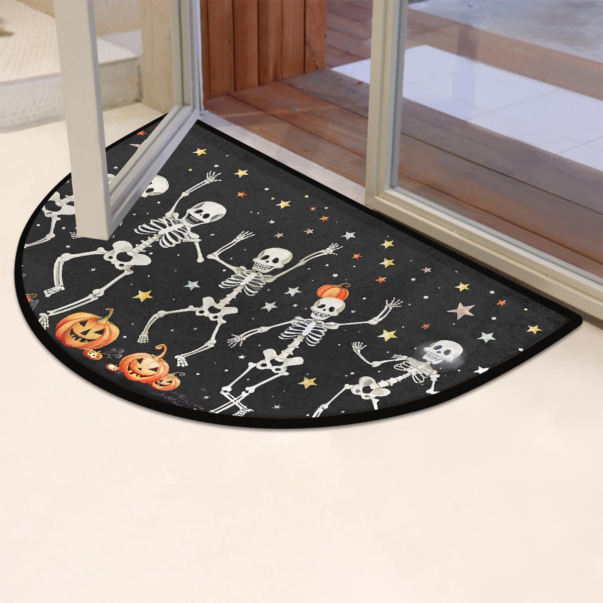 Gothic Skeleton Dancing Halloween Half Round Door Mat Non Slip Washable Semi Circle Area Rug Absorbent Soft Half Moon Rug Floor Mat for Indoor Outdoor Kitchen Bathroom Patio Front Door Mat Decor