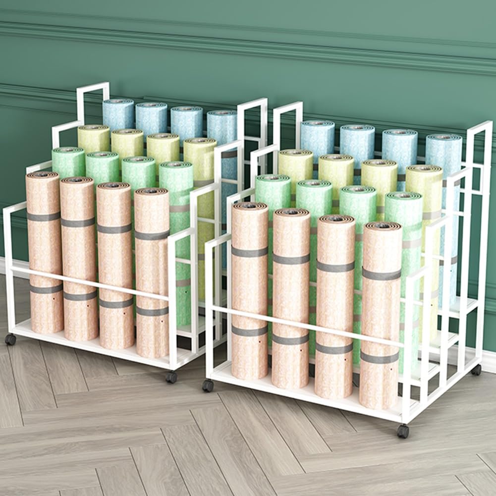 Soporte para esterillas de Yoga, Carrito Resistente de 3 Niveles con Ruedas, Soporte metálico para 30 esterillas y Rodillos de Espuma, Organizador para gimnasios/Estudios de Yoga (Negro, 80