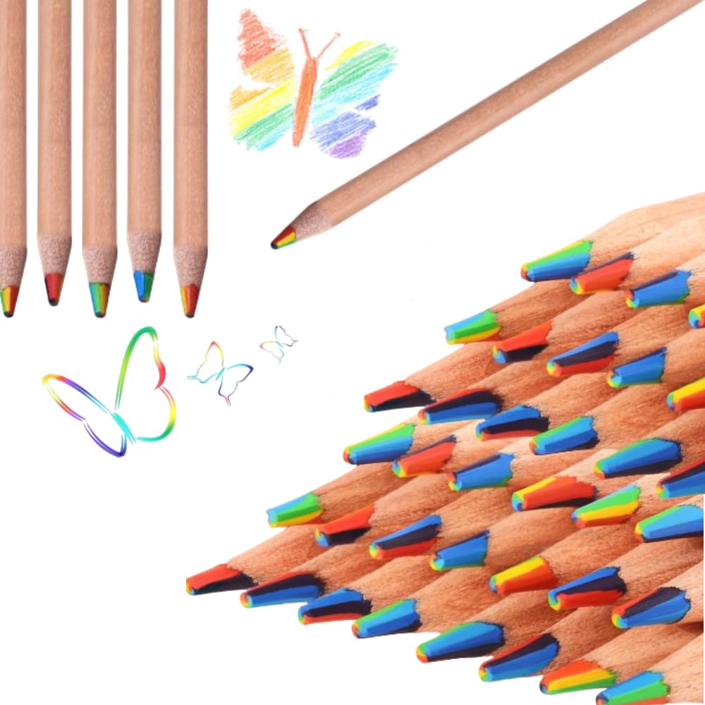 30 Crayons De Couleur Arc-en-ciel 4 En 1 - Bois Naturel - Pour Dessin, Croquis Et Art