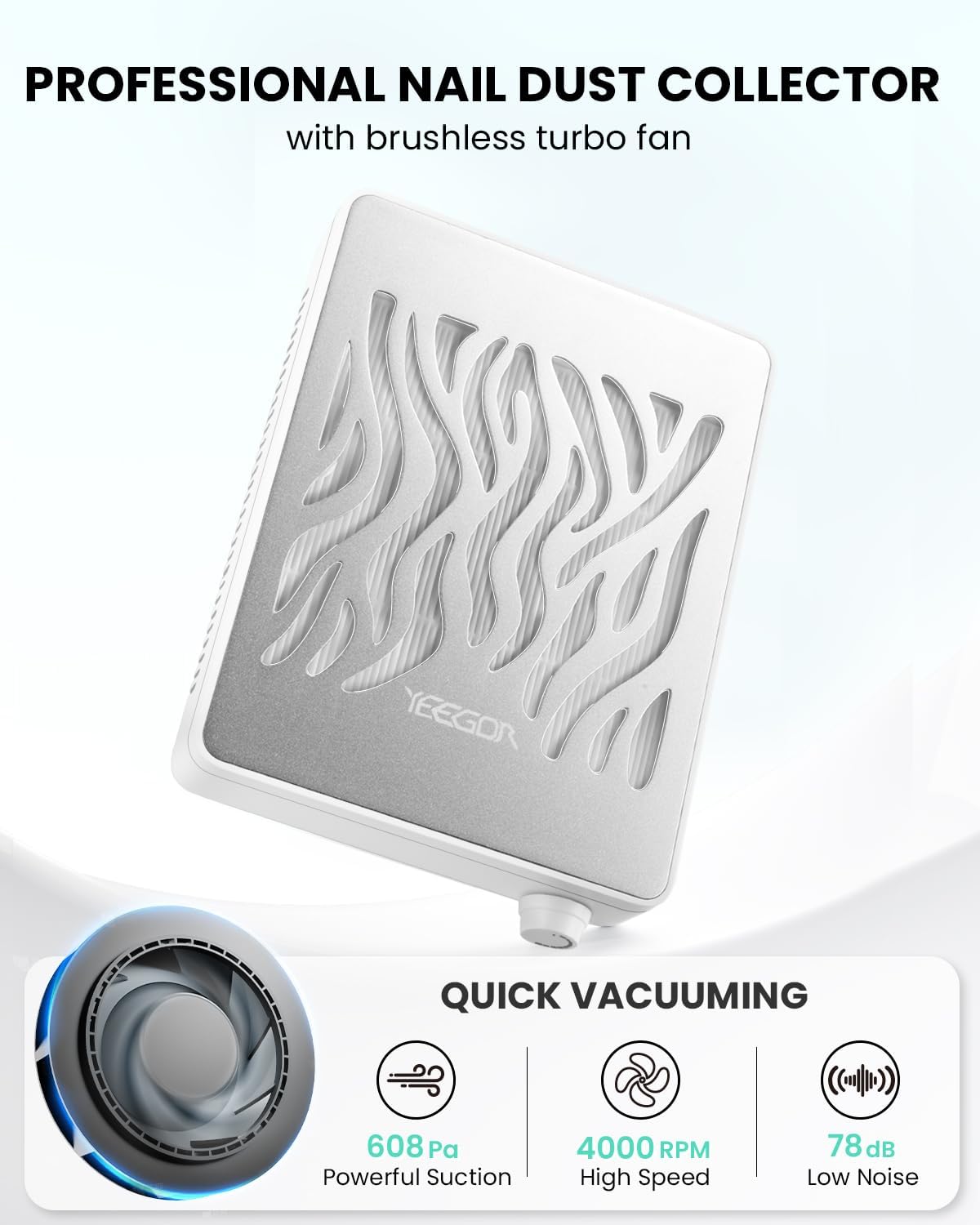 Nail Dust Collector-4000RPM Professional Nail Vacuum Dust Collector with Reusable Filter, 608Pa Nail Fan Dust Collector, Dual Voltage