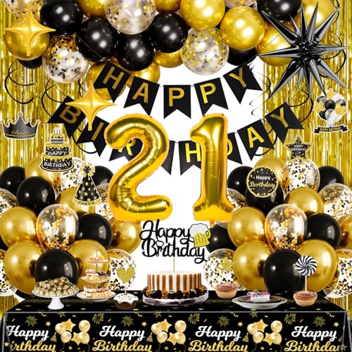 Black and Gold 21st Birthday Decorations for Men Women, Gold Party Decorations include Happy Birthday Banner, Tablecloth, Fringe Curtains, Star Foil Balloons for 21st Birthday Decorations