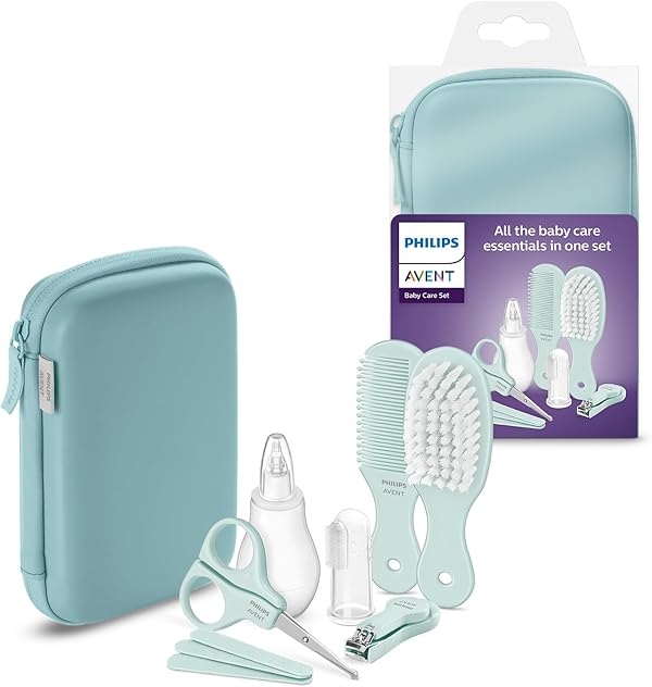 Philips AVENT Babypflege-Set – Starter-Set mit 9 Zubehörteilen: Nagelknipser, Schere, 3 Nagelfeilen, Kamm, Haarbürste, Nasensauger und Fingerzahnbürste (Modell SCH401/00)