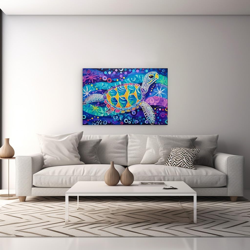 Canvas for Living room. Swimming Through a Starry Sea: The Lively Journey of a Colorful Sea Turtle, 27 x 18 inch Canvas Wall Art - Contemporary Masterpieces - Modern Home Decor - 69x46 cm (27x18 inch)