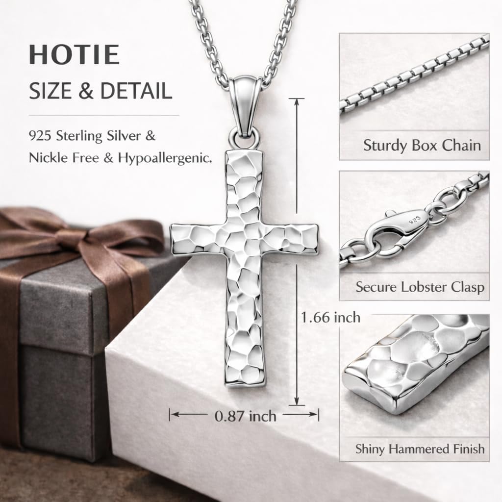 925 Sterling Silver Cross Necklace for Men - Oxidized Hammered Cross Pendant with Gold Silver Plated Vintage Unique Birthday Jewelry Gifts for Men Husband Boyfriend