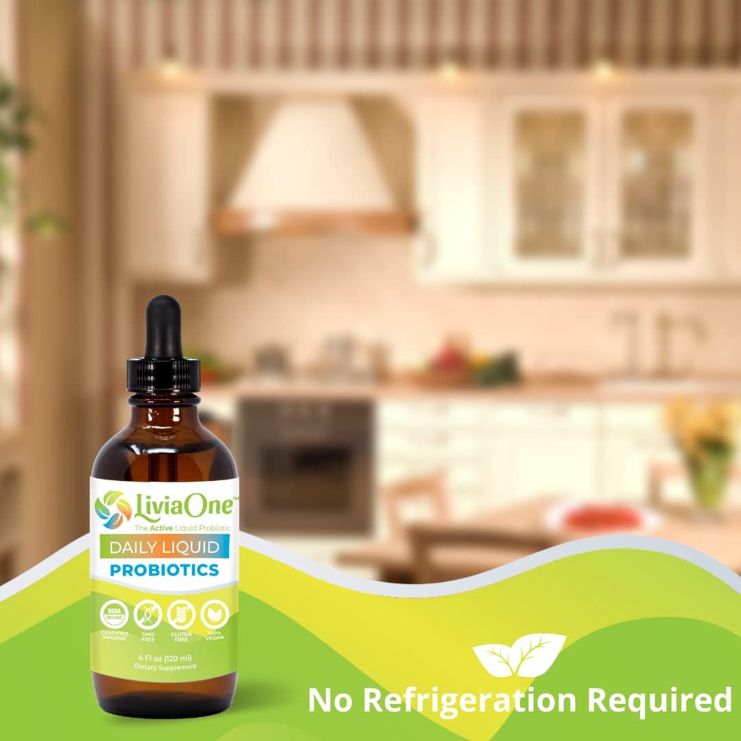 LiviaOne Daily Liquid Probiotics, USDA-Certified Organic Probiotics, Allergen- and Gluten-Free Vegan Probiotic for Women and Men, Non-GMO and Raw