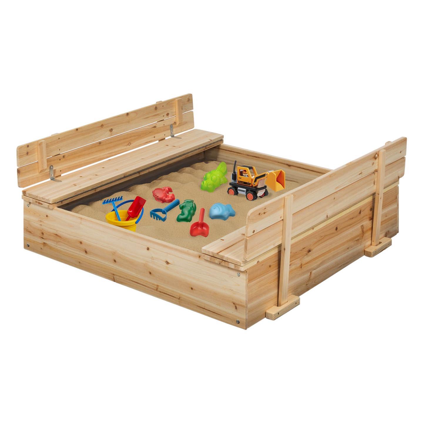 IDMarket - Bac à Sable Funny Bois refermable avec 2 bancs et bâches de Protection