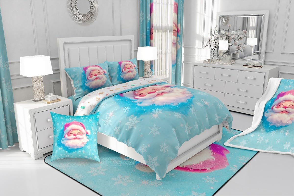 Feelyou Cute Christmas Santa Claus Sherpa Plush Blanket Blue White Snowflake Fleece Throw Blanket Merry Fuzzy for Kids Boys Girls Sofa Bed Couch 60"x80"