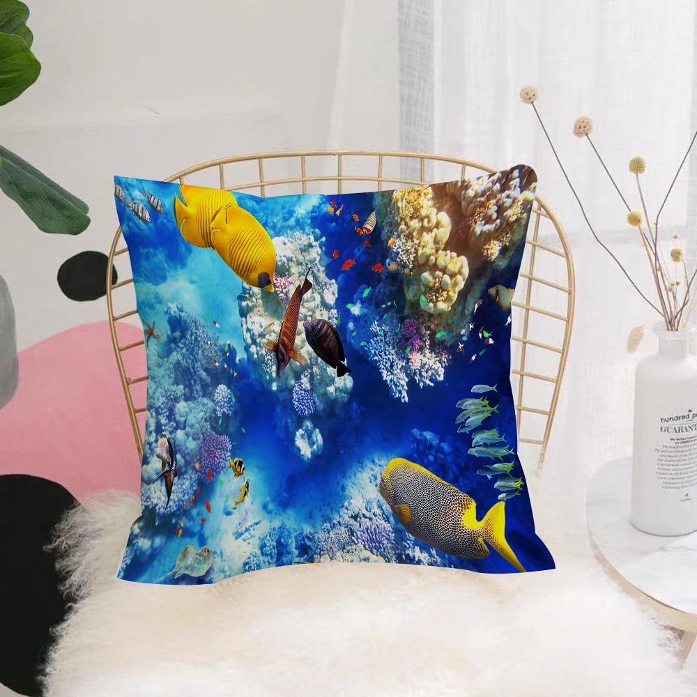 HYOSXW Cushion Cover,Throw Pillow Case Home Decorative for Living Room Bedroom Sofa Chair 16X16 Inch,Ocean,Wild Underwater Sea Animal Aqua World Corals Tropical Fishes and Stingray,Pillowcase 40X40cm
